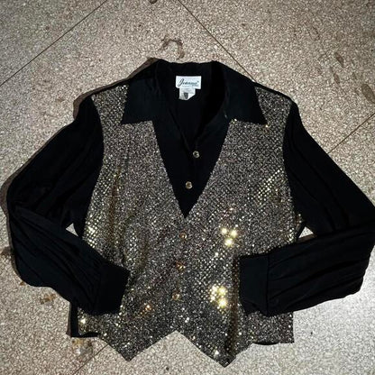 Black gold silver large sequin dress shirt