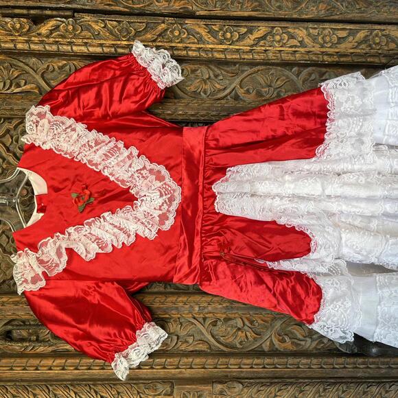 Vintage Red kids dress with white lace